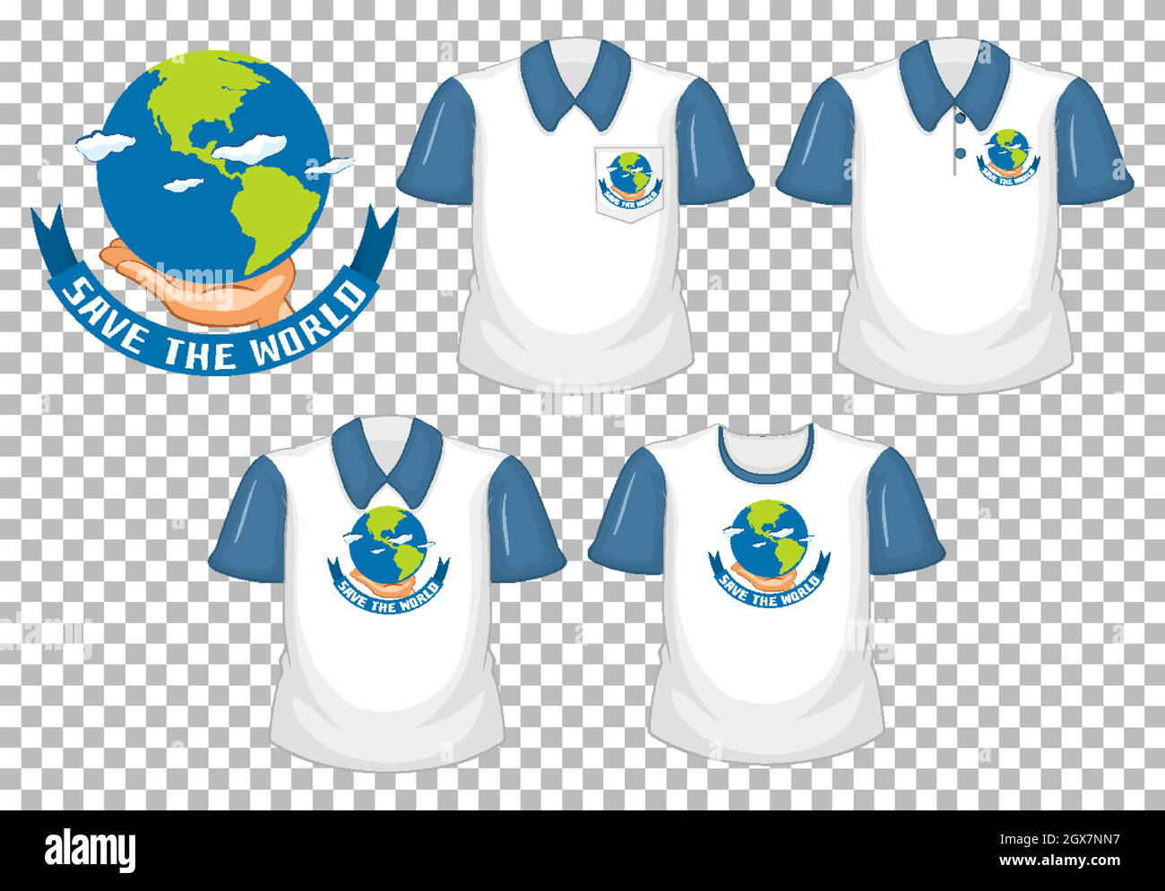 Save the world Logo und Set aus weißem Hemd mit blauen kurzen Ärmeln isoliert auf transparentem Hintergrund Stock Vektor