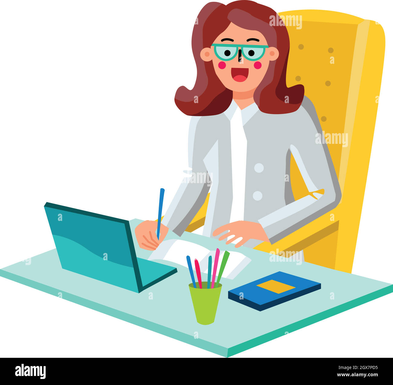 Ökonom Geschäftsfrau Arbeiten Auf Laptop Vektor Illustration Stock Vektor