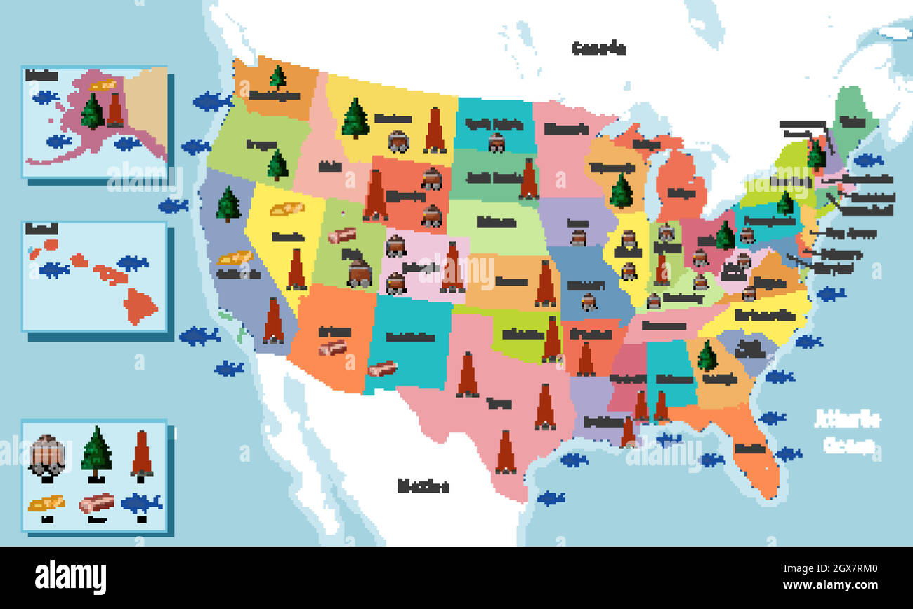 Karte der Vereinigten Staaten von Amerika mit Namen der Bundesstaaten Stock Vektor