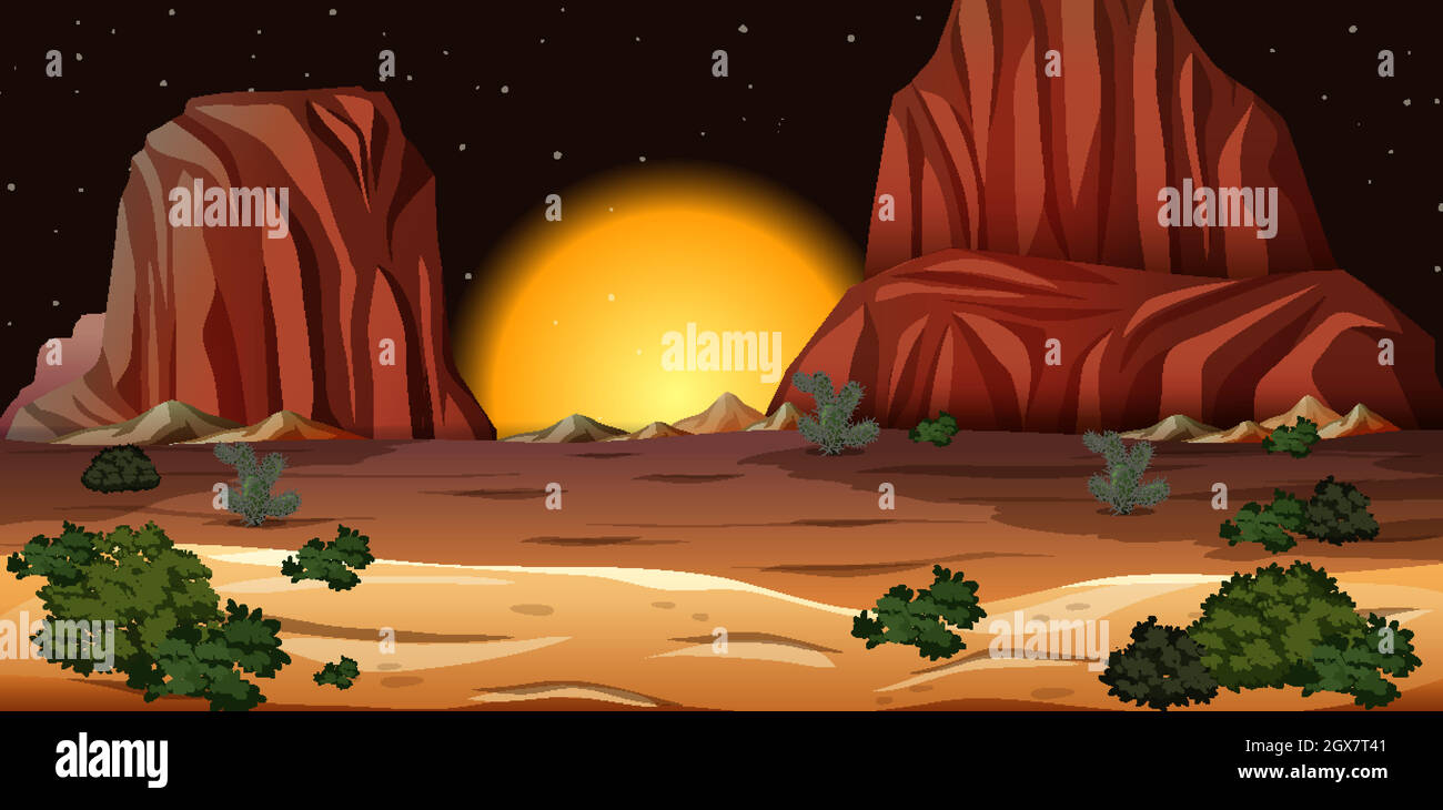 Wüste mit Felsengebirgslandschaft bei Nacht Stock Vektor