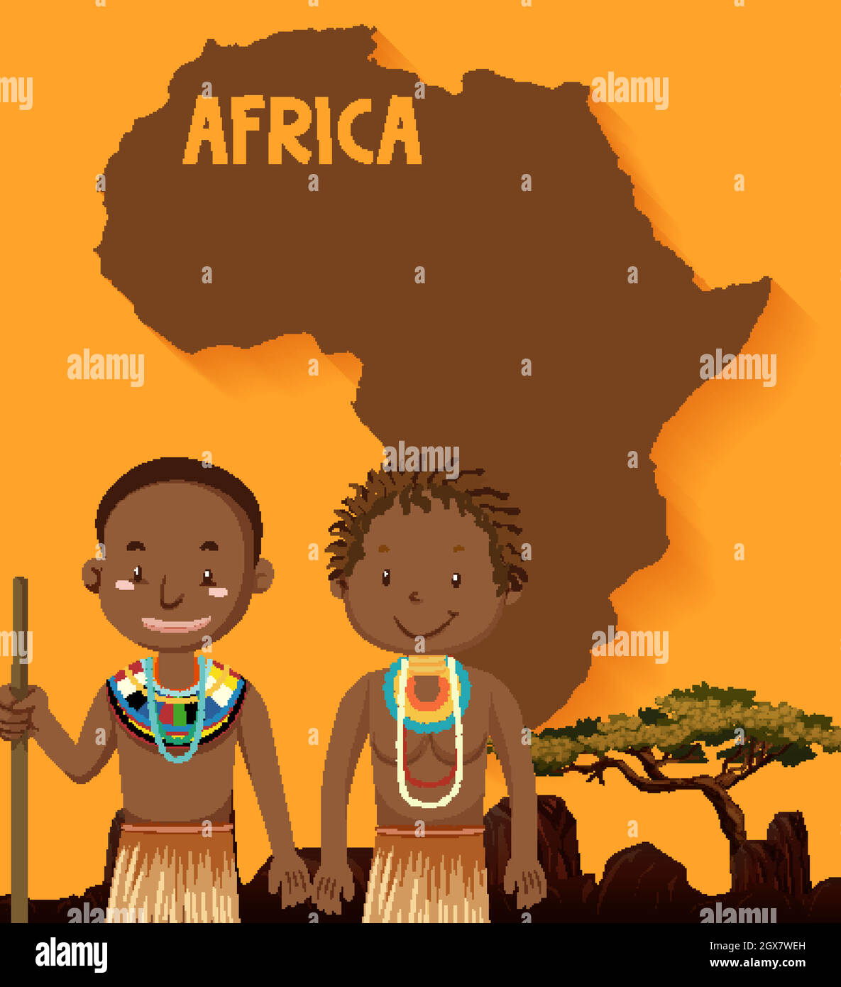 Einheimische afrikanische Stämme mit Karte im Hintergrund Stock Vektor
