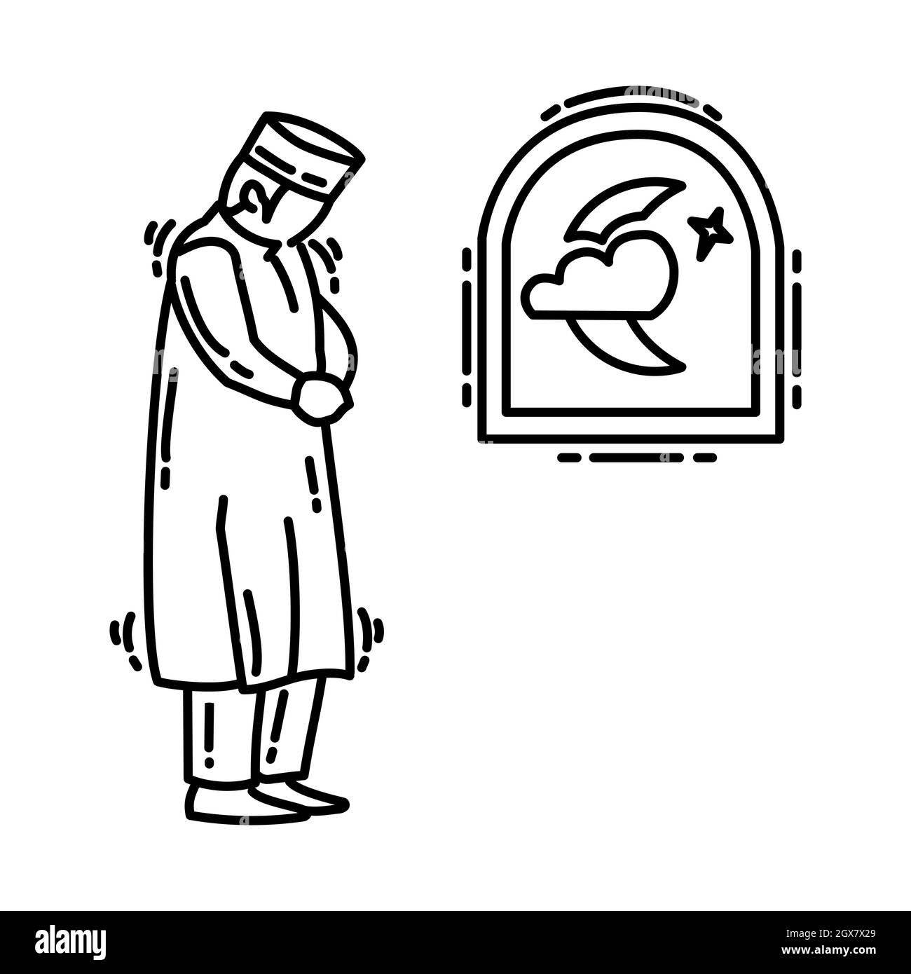 Isha Gebet ist Teil der muslimischen Anbetung Aktivität Handgezeichnete Icon Set Vector. Stock Vektor