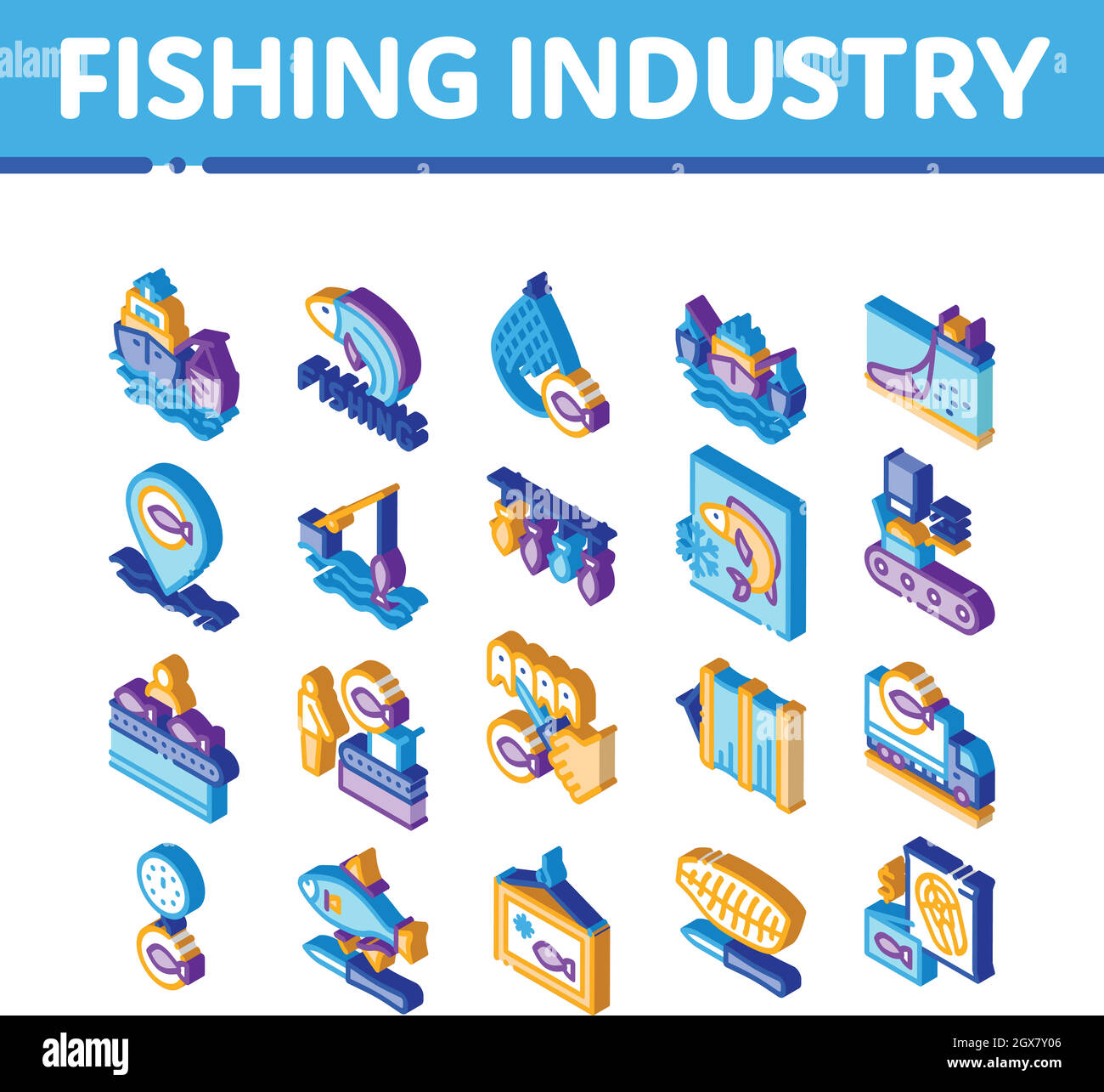Fischerei Industrie Business Process Icons Set Vector Stock Vektor