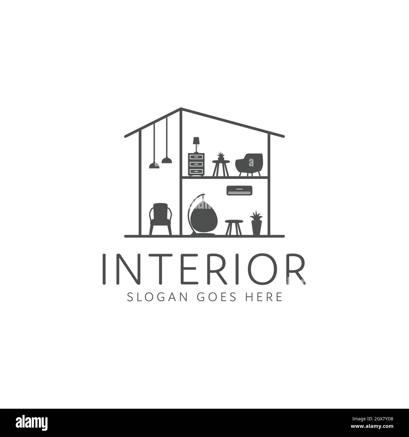 Home Innendekoration Logo, Indoor-Tisch und Stühle Stock Vektor