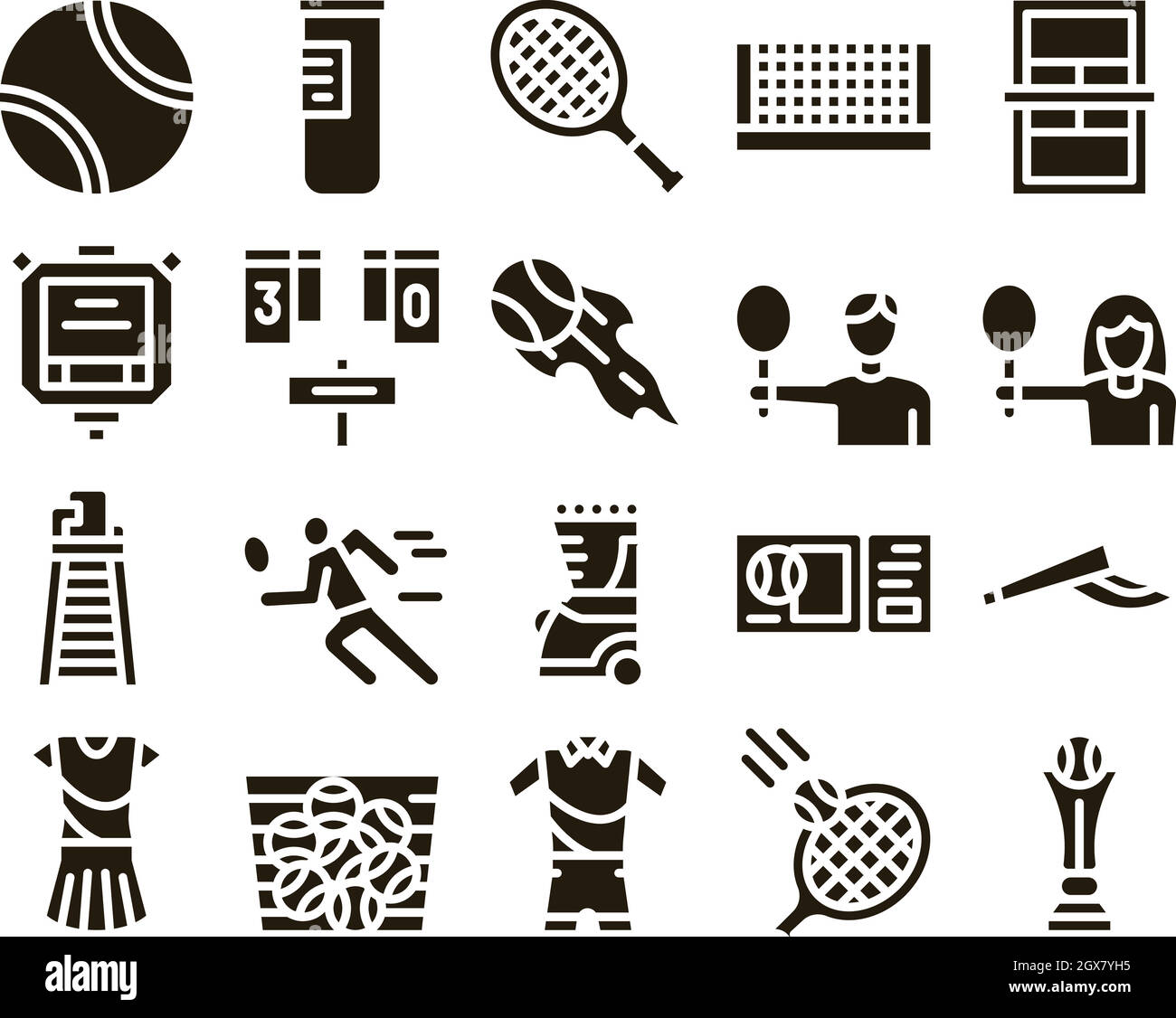 Tennis Spiel Ausrüstung Glyph Set Vektor Stock Vektor