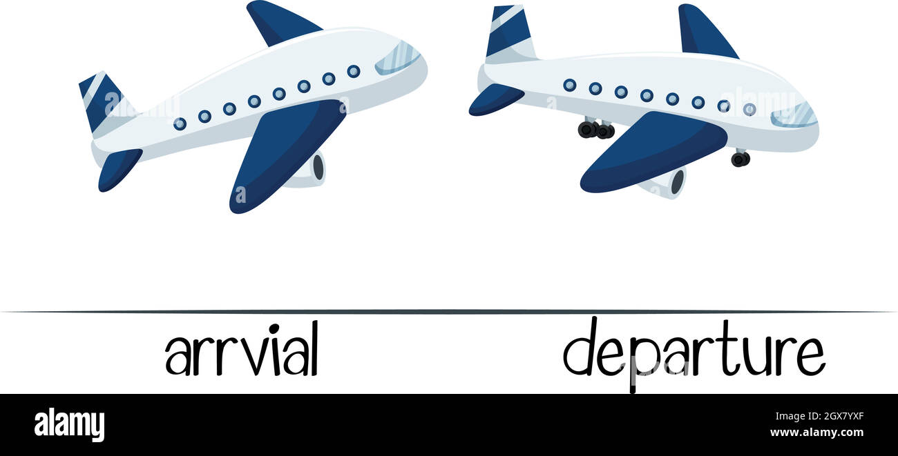 Entgegengesetzte Wörter für Ankunft und Abreise Stock Vektor