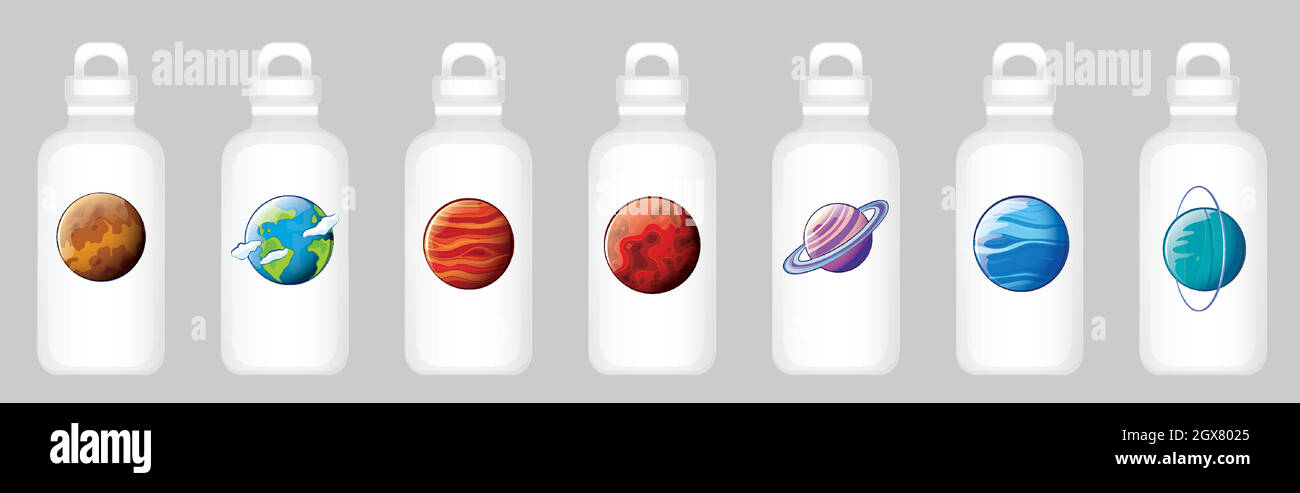 Wasserflasche Design mit verschiedenen Planeten Stock Vektor