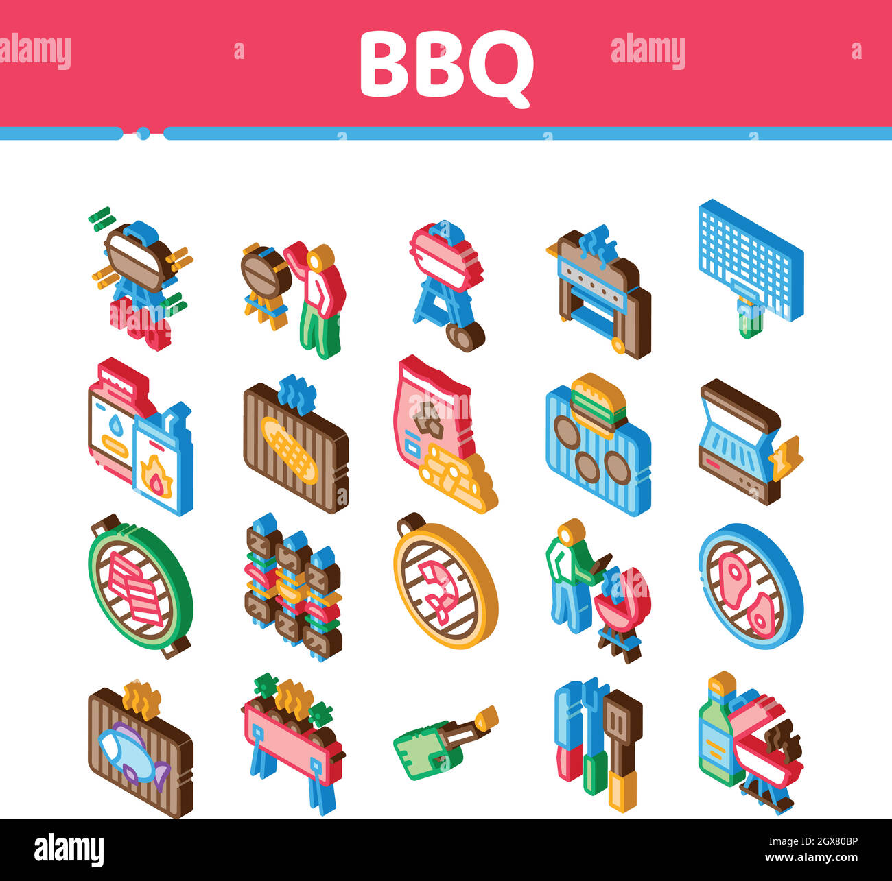 Bbq Grill Kochen Isometrische Symbole Set Vektor Stock Vektor