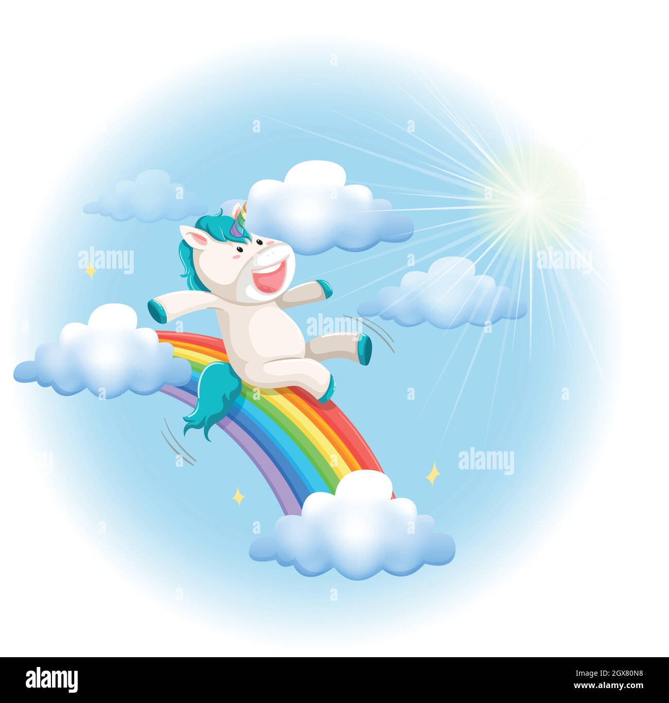 Ein glückliches Einhorn gleiten auf Regenbogen Stock Vektor