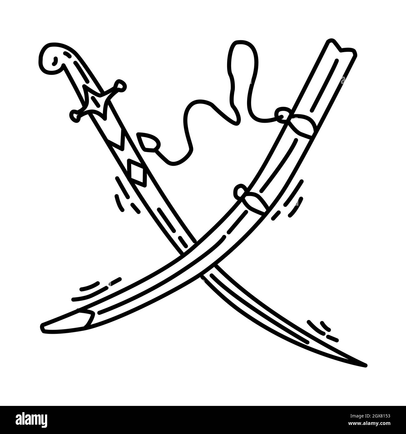 Islamisches Schamschir-Schwert im Vatikan Teil muslimischer historischer Objekte handgezeichnetes Icon-Set Vektor. Stock Vektor