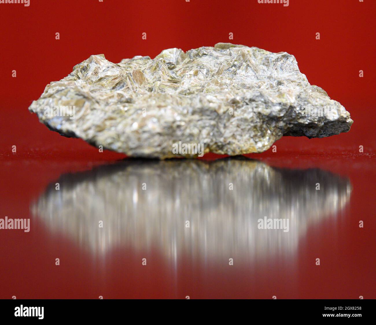 04. Oktober 2021, Sachsen, Altenberg: Beim "Rohstofftag" des Sächsischen Wirtschaftsministeriums im Arno-Lippmann-Schacht liegt ein mit Lithium durchsetztes Stück Erz auf einem Tisch. Im Zinnwald, unter dem Erzgebirge an der deutsch-tschechischen Grenze, will die Deutsche Lithium GmbH eine Mine und eine Verarbeitungsanlage bauen. Die Lagerstätte wird auf rund 125,000 Tonnen Lithium geschätzt - und gilt laut der Sächsischen Oberbergbaubehörde als eine der größten Lagerstätten in Europa. Die Deutsche Lithium startete das Projekt in Sachsen im Jahr 2010. Foto: Robert Michael/dpa-Zent Stockfoto