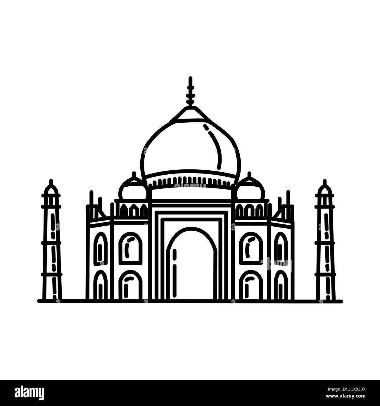 Taj Mahal Indien Teil der muslimischen historischen Objekte handgezeichnete Ikone gesetzt Vektor. Stock Vektor