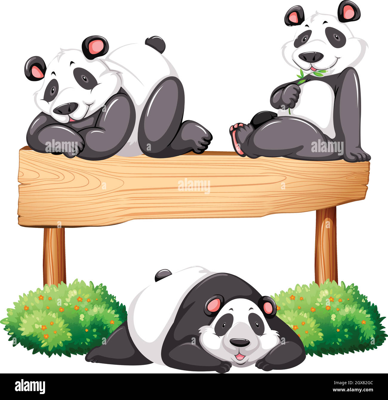 Drei Pandas und Holzschild Stock Vektor