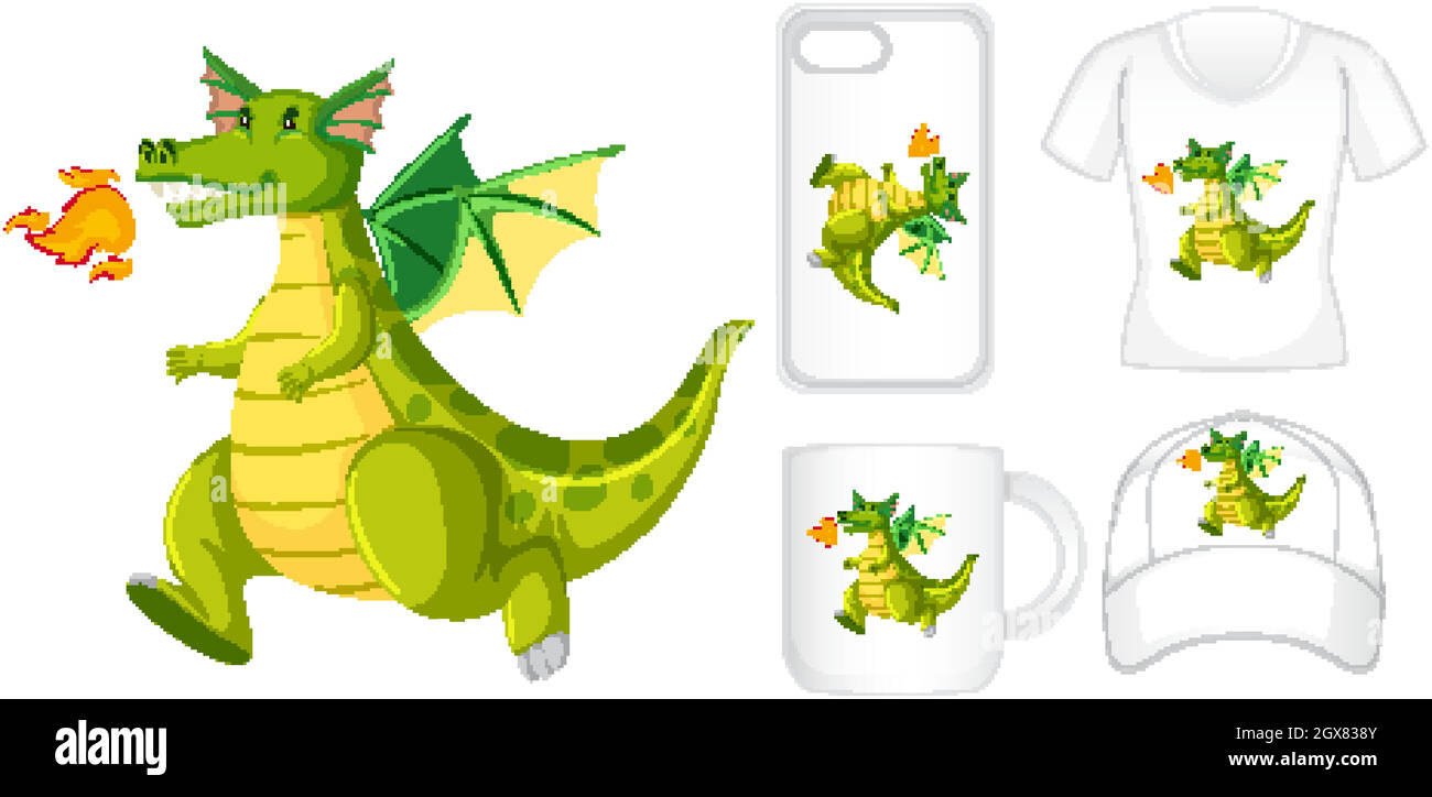 Grafikdesign auf verschiedenen Produkten mit grünem Drachen Stock Vektor