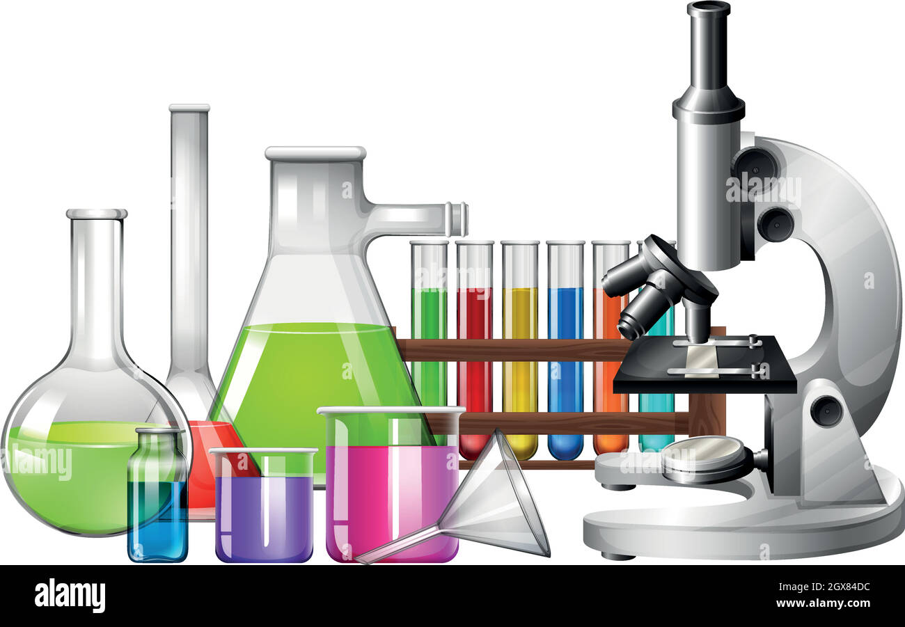 Wissenschaftliche Geräte mit Mikroskop und Bechergläsern Stock Vektor