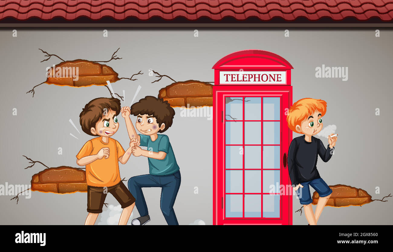 Zwei junge Männer kämpfen mit einem Mann, der an der Straße raucht Stock Vektor