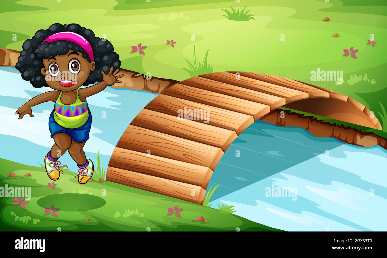 Ein junges schwarzes Mädchen in der Nähe der Holzbrücke Stock Vektor