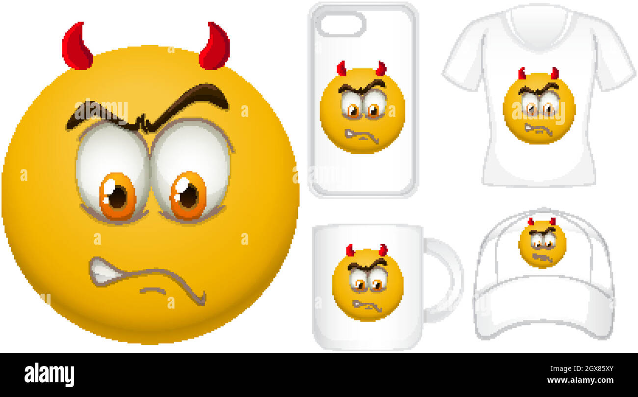 Grafikdesign auf verschiedenen Produkten mit Teufelsgesicht Stock Vektor