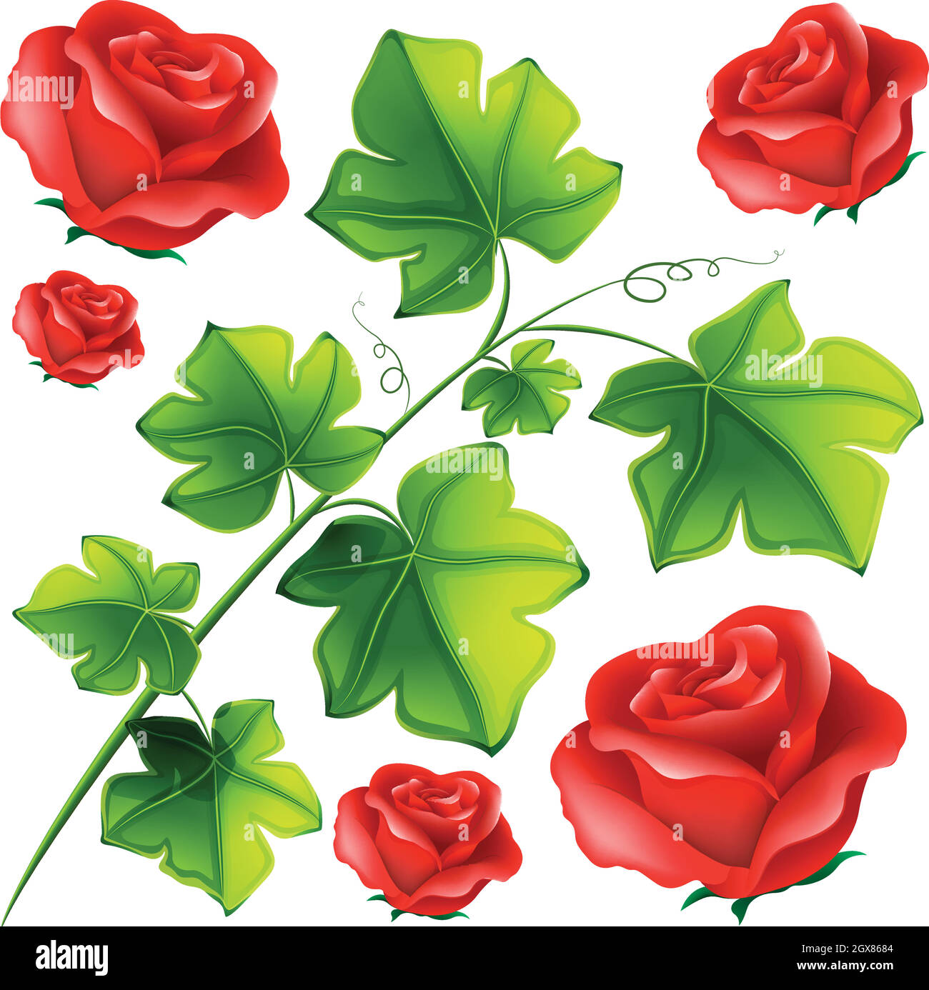 Grüne Blätter und rote Rosen Stock Vektor