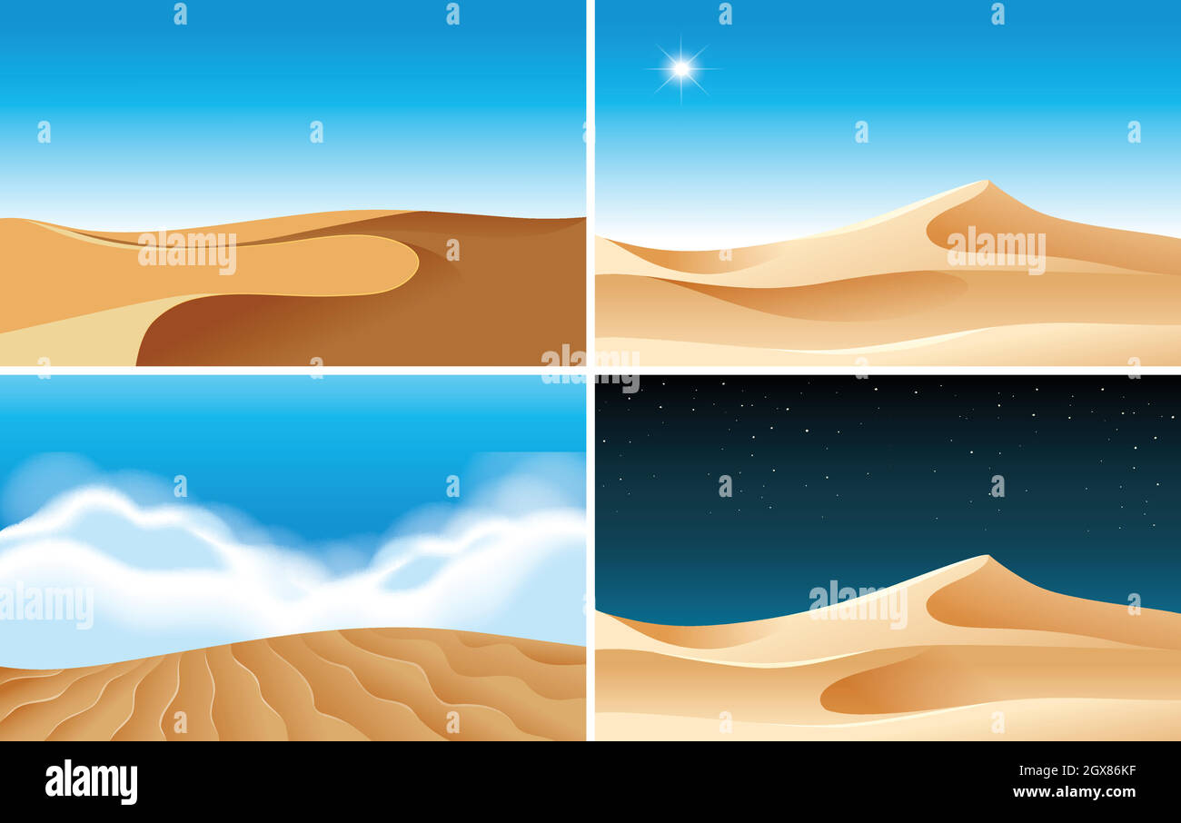 Vier Hintergrundszenen von Wüsten zu verschiedenen Zeiten Stock Vektor
