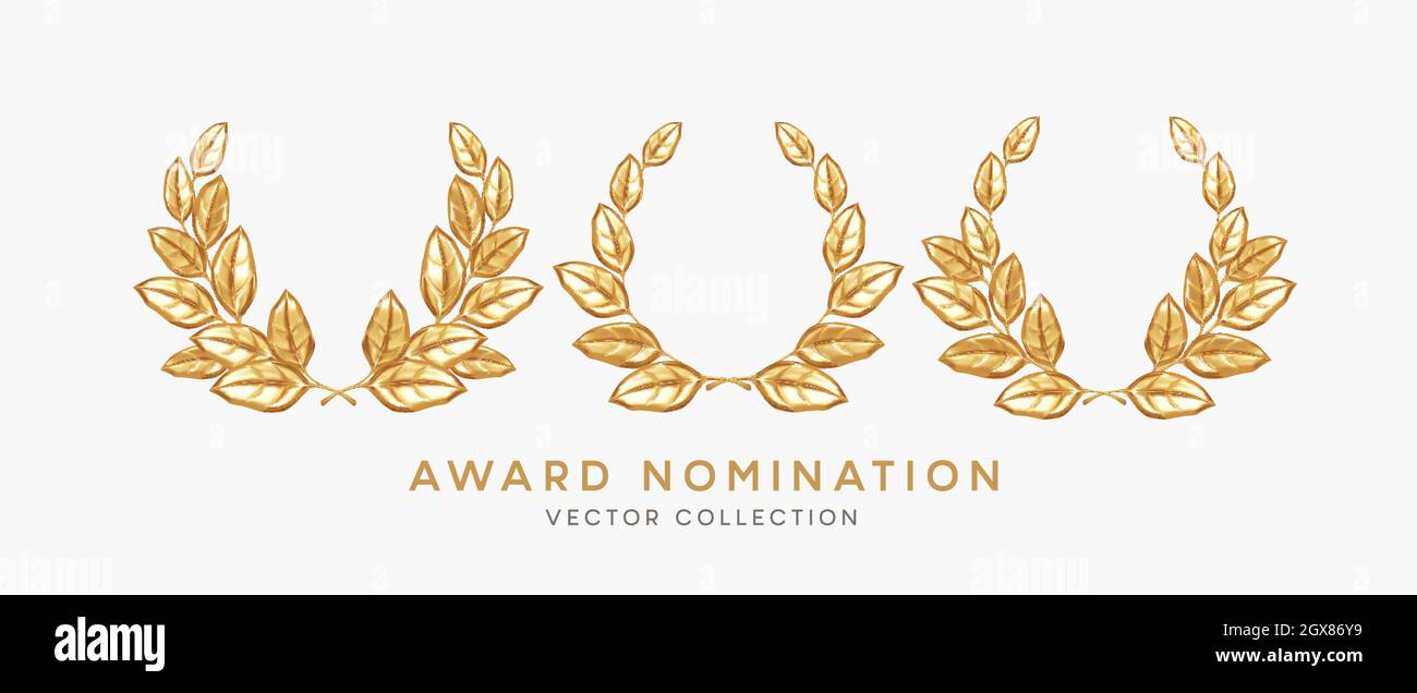 Set von 3d realistische Gold Lorbeerkranz Gewinner Nominierungen isoliert auf weißem Hintergrund. Auszeichnung, Preis, Belohnung, Nominierung von Designelementen Stock Vektor