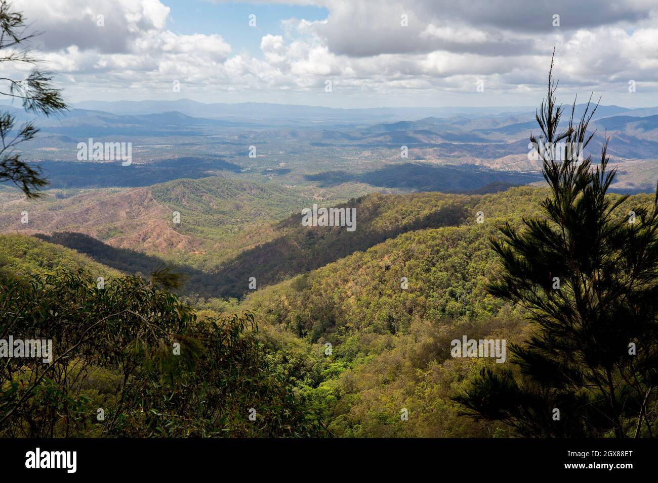 Blick auf die bewaldete Landschaft mit Hügeln, die sich bis zum Horizont erstrecken, im Kroombit Tops National Park in der Great Dividing Range, Australien Stockfoto