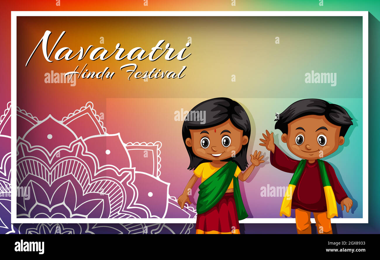 Navaratri Poster Design mit Mandala-Muster und glücklichen Kindern Stock Vektor