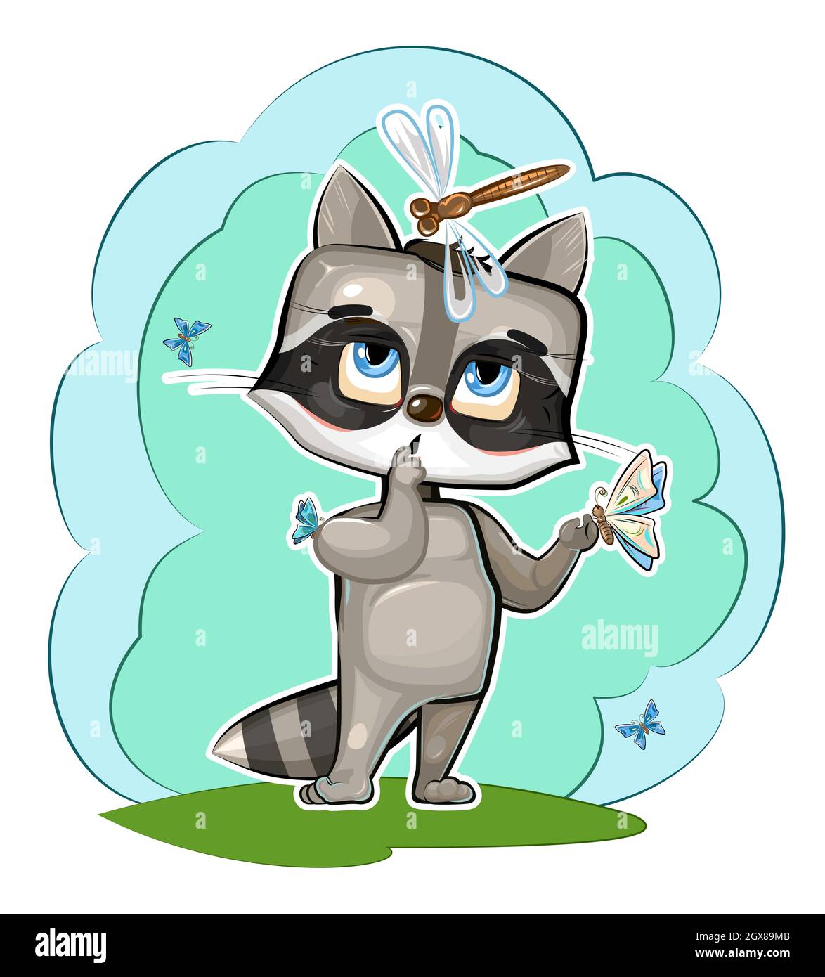 Baby Raccoon liebt Schmetterlinge. Zeichen des Kinderstandständers. Lustige Libelle. Ein junges Tier. Niedlicher Cartoon-Stil. Comic-Design. Clipart-Abbildung ist Stock Vektor