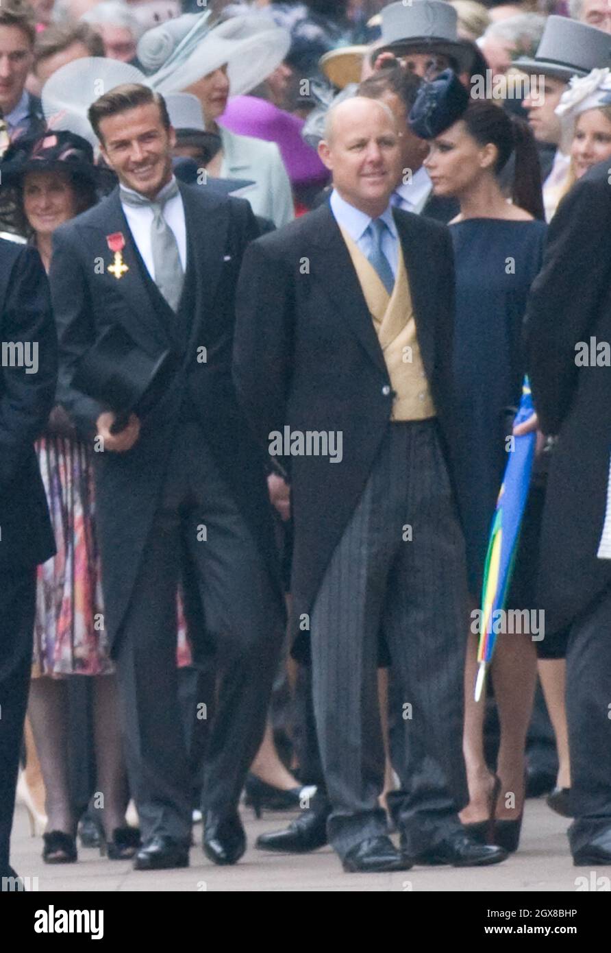 David Beckham und Victoria Beckham kommen am 29. April 2011 zur Hochzeit von Prinz William und Catherine Middleton in der Westminster Abbey an Stockfoto