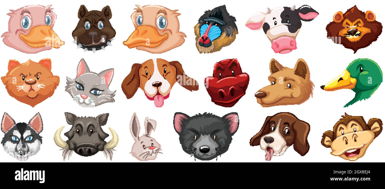 Set von verschiedenen niedlichen Cartoon Tiere Kopf riesige isoliert auf weißem Hintergrund Stock Vektor