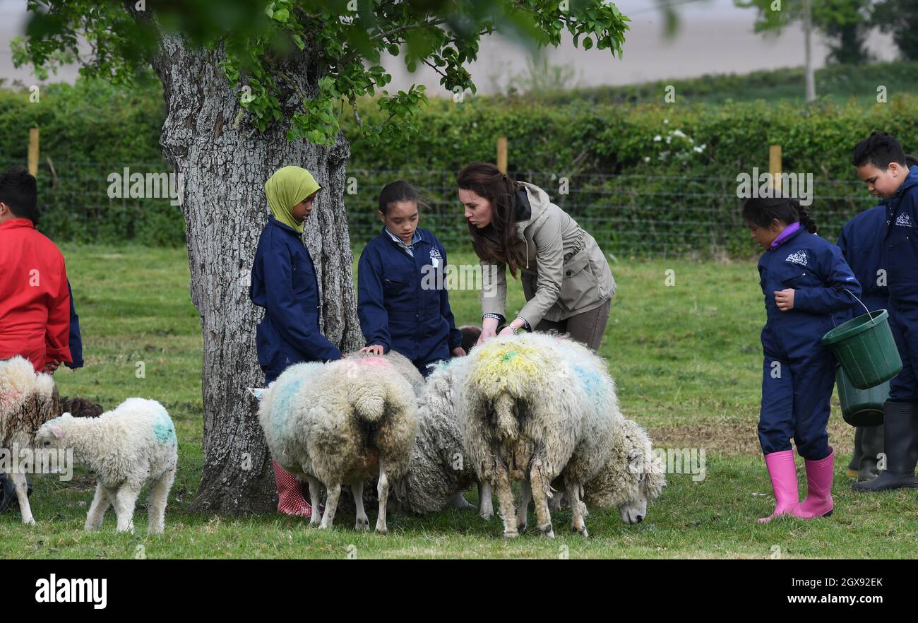 Catherine, Herzogin von Cambridge besucht am 03. Mai 2017 Bauernhöfe für Stadtkinder in Arlingham, Gloucestershire. Bauernhöfe für Stadtkinder ist eine Wohltätigkeitsorganisation, die Kindern in Großbritannien die Möglichkeit bietet, eine Woche lang auf einem echten Bauernhof zu leben und zu arbeiten Stockfoto