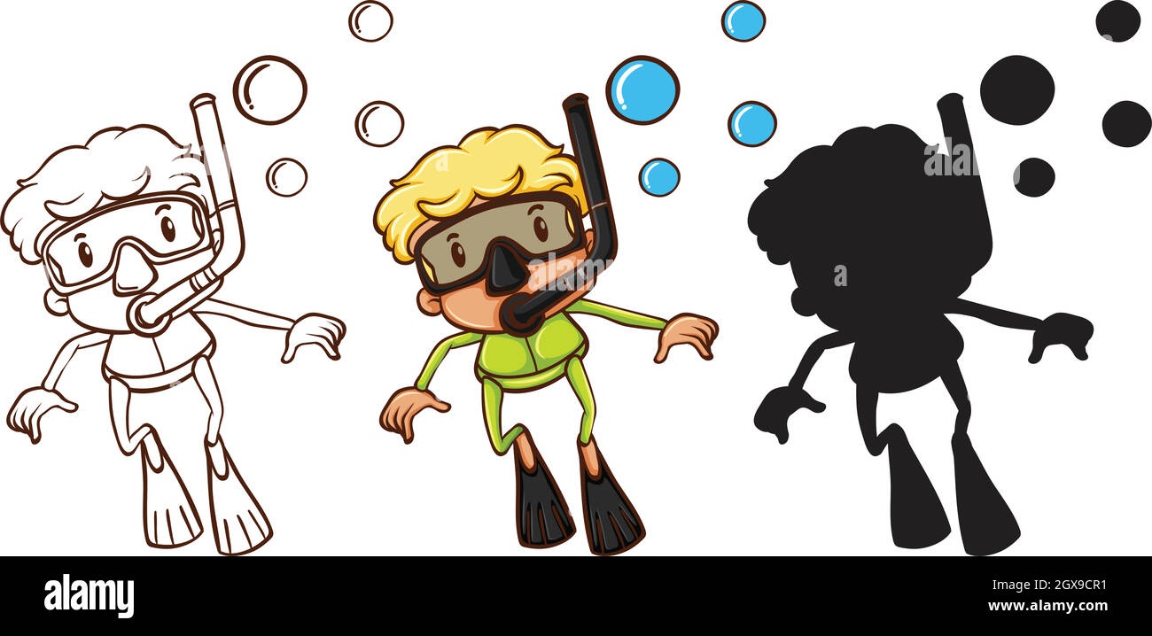 Skizzen eines Jungen, der in drei verschiedenen Farben schnorchelt Stock Vektor