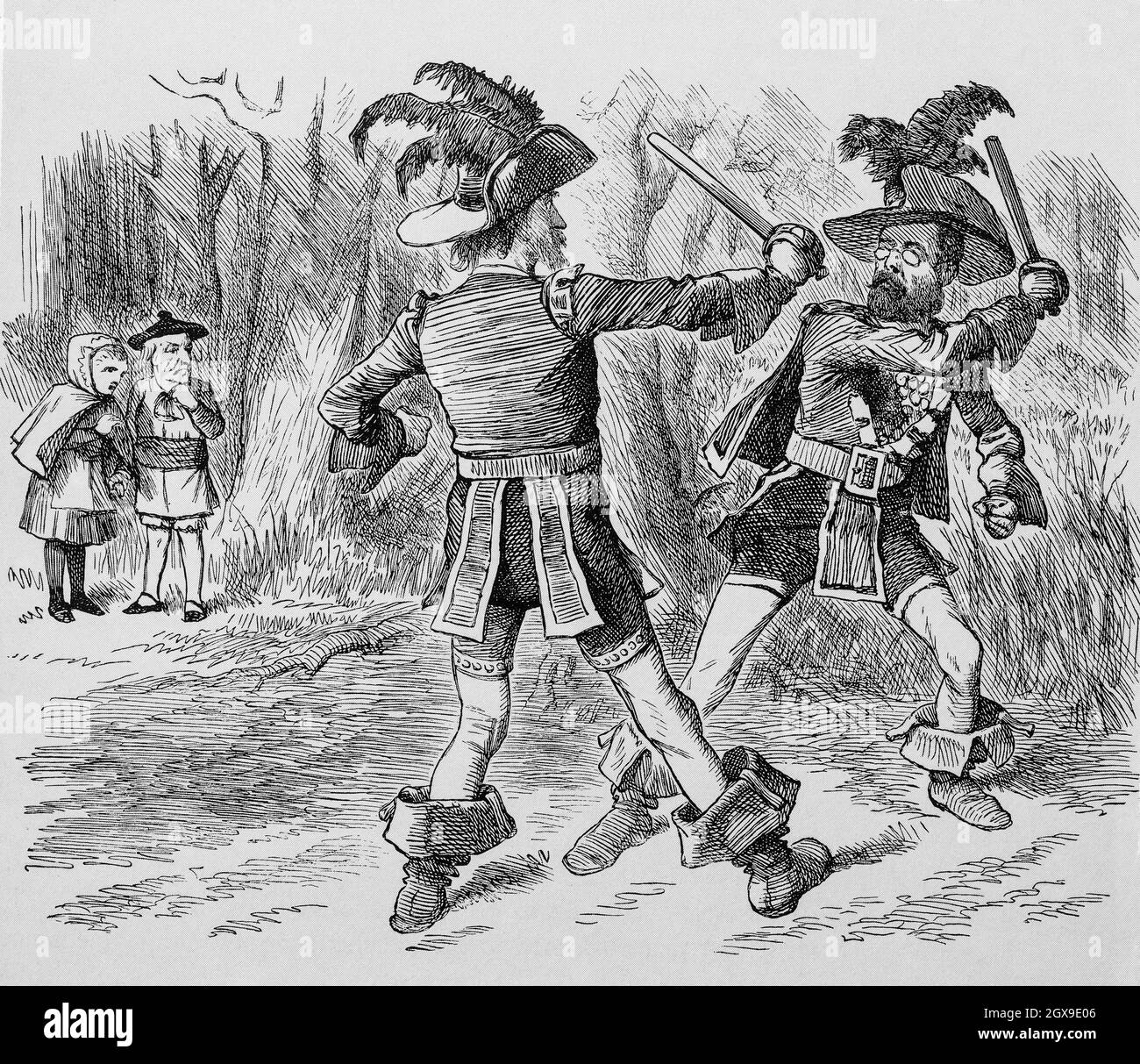Eine Punch-Karikatur des Duells mit (links) Charles Stewart Parnell (1846-1891), einem irisch-nationalistischen Politiker, der als Mitglied des Parlaments von 1880 bis 1882 als Anführer der Home Rule League und dann von 1882 bis 1891 als Vorsitzender der irischen Parlamentarischen Partei fungierte. Seine Partei hielt das Machtgleichgewicht im Unterhaus während der Debatten über die Regeln der Heimat von 1885 bis 1886. Rechts ist Tim Healy, auch ein irischer nationalistischer Politiker, der zunächst ein leidenschaftlicher Anhänger von Parnell war, und nach Ereignissen, die Parnell in seiner Beziehung zu Katharine O'Shea umgaben, von seinem Führer enttäuscht wurde. Stockfoto