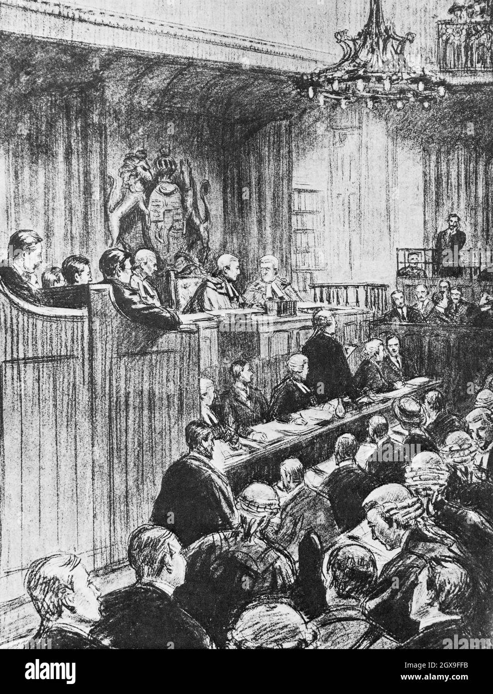 Eine Skizze des Prozesses gegen Roger Casement (1864-1916), einen Diplomaten und irischen Nationalisten, der zunächst als Diplomat für das britische Außenministerium arbeitete und als humanitärer Aktivist bekannt wurde. Nachdem er sich 1913 vom Konsulardienst zurückzog, engagierte er sich für den irischen Republikanismus und bemühte sich während des Ersten Weltkriegs, deutsche Militärhilfe für den Osteraufstand 1916 zu erhalten, der die Unabhängigkeit Irlands erringen wollte. Er wurde verhaftet, verurteilt und wegen Hochverrats hingerichtet. Seine angeblichen homosexuellen Aktivitäten unterminierten die Unterstützung für die Gnade. Stockfoto