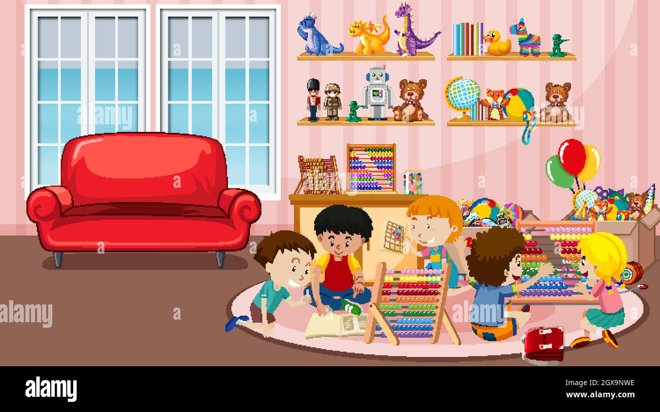 Szene mit vielen Kindern, die im Zimmer spielen Stock Vektor
