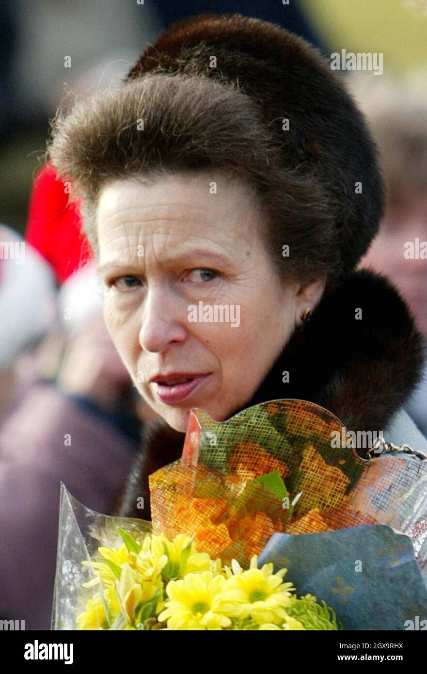 Die britische Prinzessin Anne spricht auf dem Anwesen Sandringham in Norfolk mit den Wohltäter. Mitglieder der königlichen Familie nahmen am Weihnachtstag an dem traditionellen Gottesdienst in der Kirche St. Maria Magdalena Teil. â©Anwar Hussein/allactiondigital.com Stockfoto