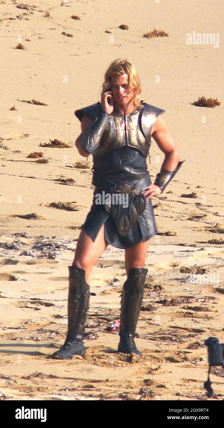 Brad Pitt am Set von Troy auf Malta. Stockfoto