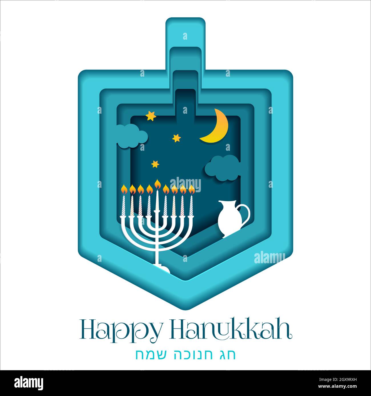 Happy Hanukkah, Jüdisches Festival der Lichter Papierschnitt-Grußkarte mit Chanukka-Symbolen Dreidels, Kreide, hebräische Buchstaben, Menorah-Kerzen, Öl j Stock Vektor