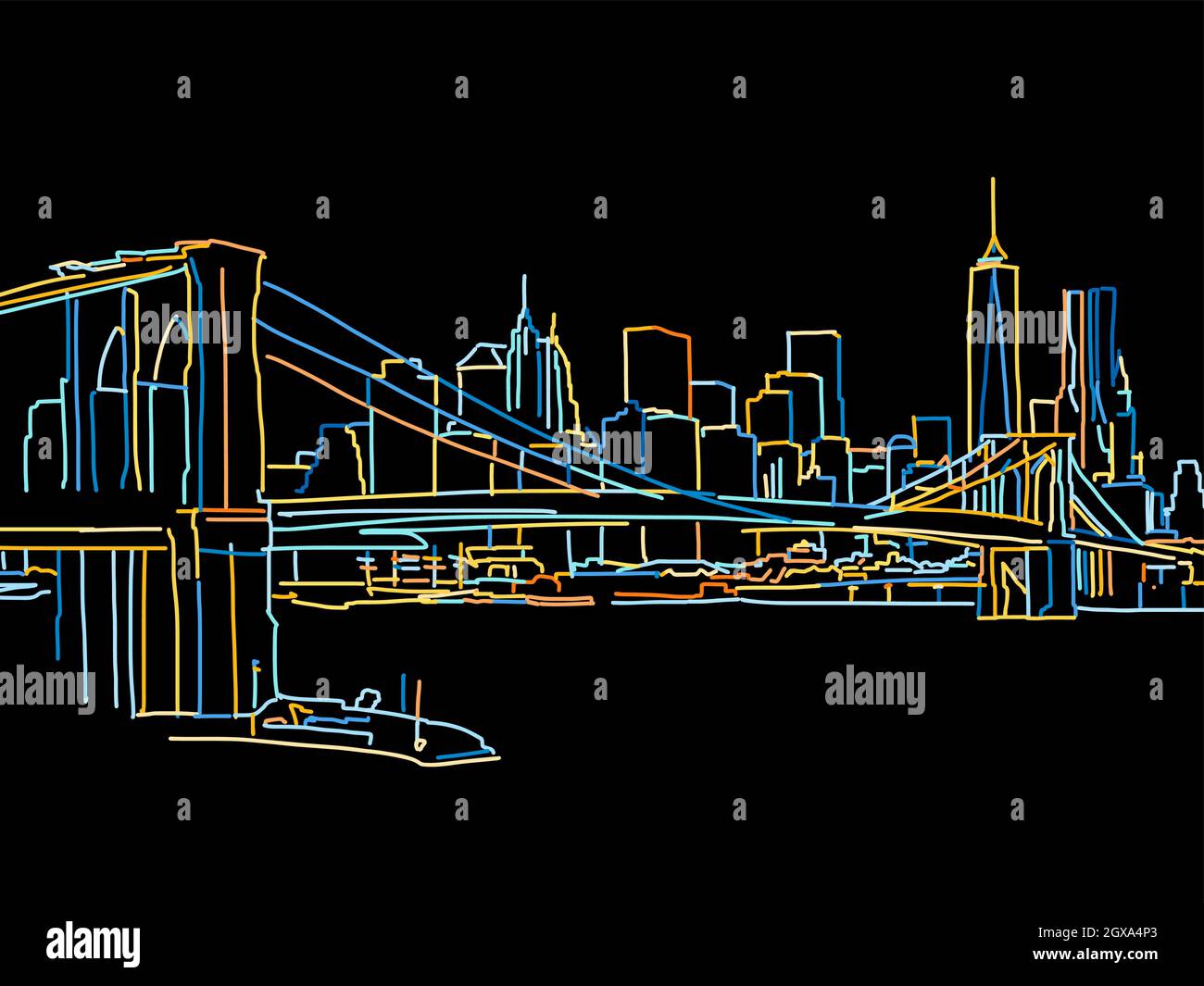 Buntes New York Panorama Zeichnung auf Schwarz. Gut gearbeitete Vektorskizze für den privaten und kommerziellen Gebrauch. Stock Vektor