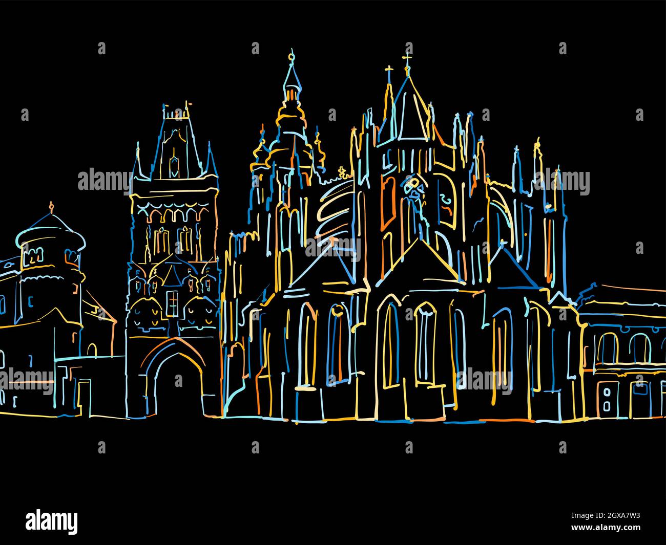 Buntes Panorama in Prag Tschechien Zeichnung auf Schwarz. Gut gearbeitete Vektorskizze für den privaten und kommerziellen Gebrauch. Stock Vektor