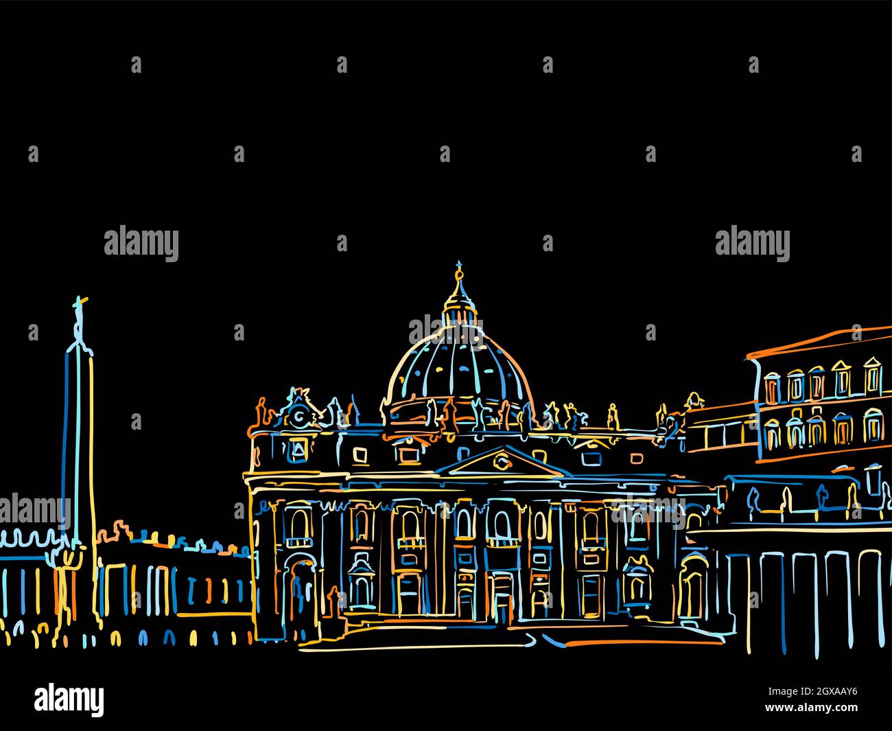 Bunte Vatikanstadt Zeichnung auf schwarz. Gut gestaltete Vektorskizze für den privaten und kommerziellen Gebrauch. Stock Vektor