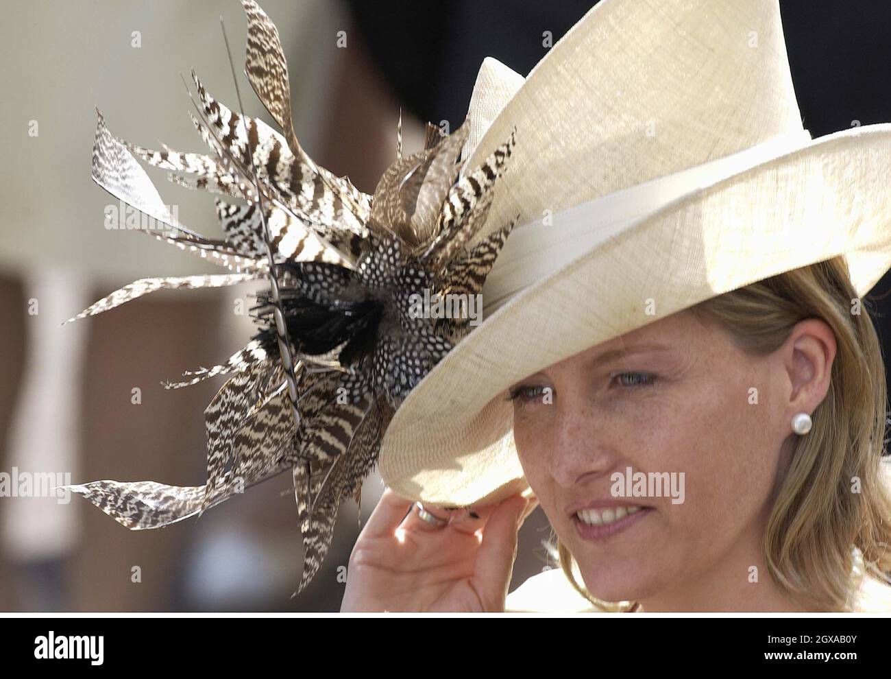 Sophie, Gräfin von Wessex, trägt einen modischen Hut und nimmt am 15. Juni 2004 an dem ersten Tag von Royal Ascot auf der Ascot Racecourse in Berkshire, England, Teil. Die Veranstaltung ist seit 1711 mit Queen Anne einer der Höhepunkte des Renn- und Gesellschaftskalenders, und die königliche Schirmherrschaft wird heute mit einer täglich vor den Tribünen stattfindenden königlichen Prozession fortgesetzt. *** Lokale Bildunterschrift *** XXXX Stockfoto