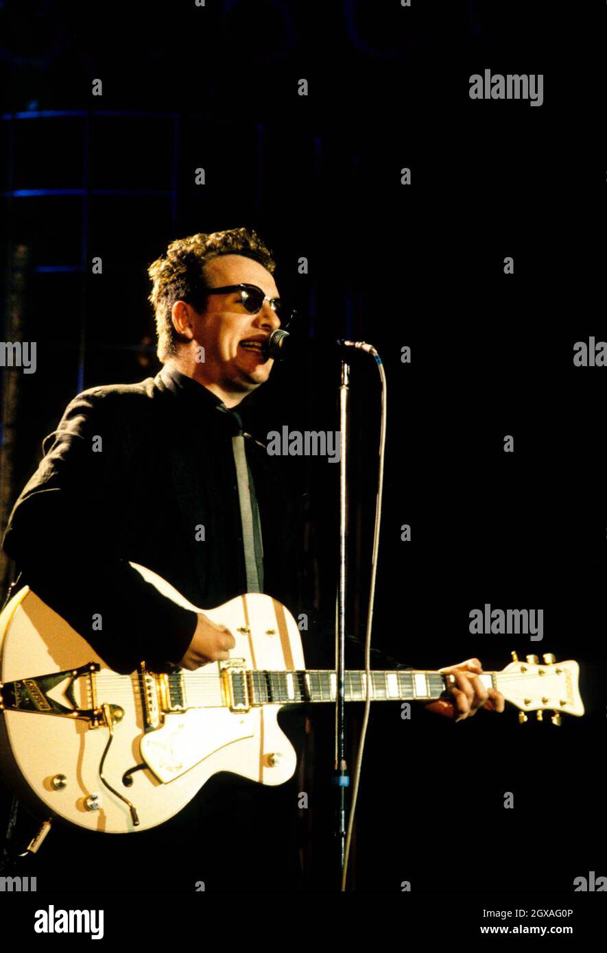 Elvis Costello spielt in den späten achtziger Jahren live im Konzert. Stockfoto