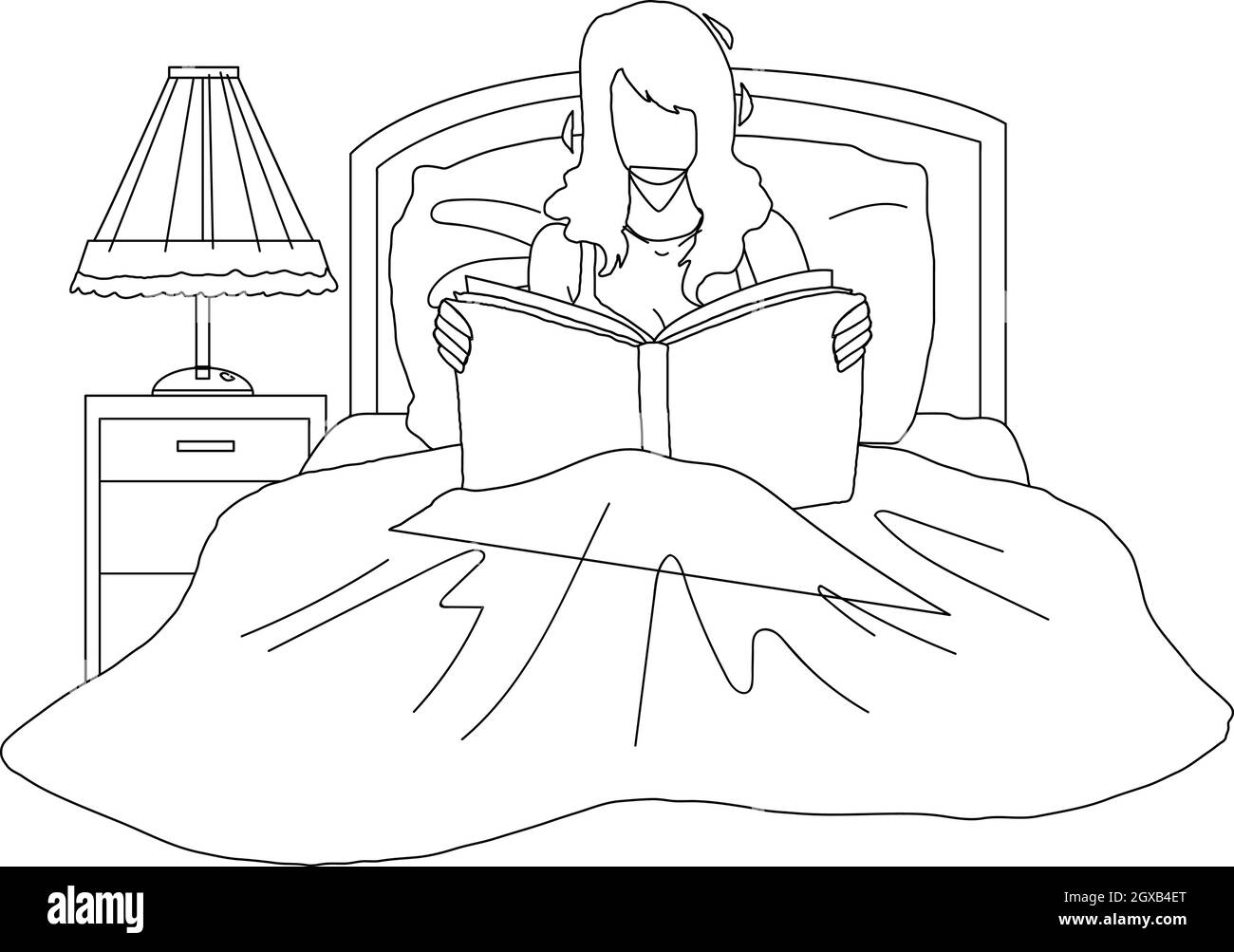 Frau Buch Lesen Im Schlafzimmer Vor Dem Schlafengehen Vektor Stock Vektor