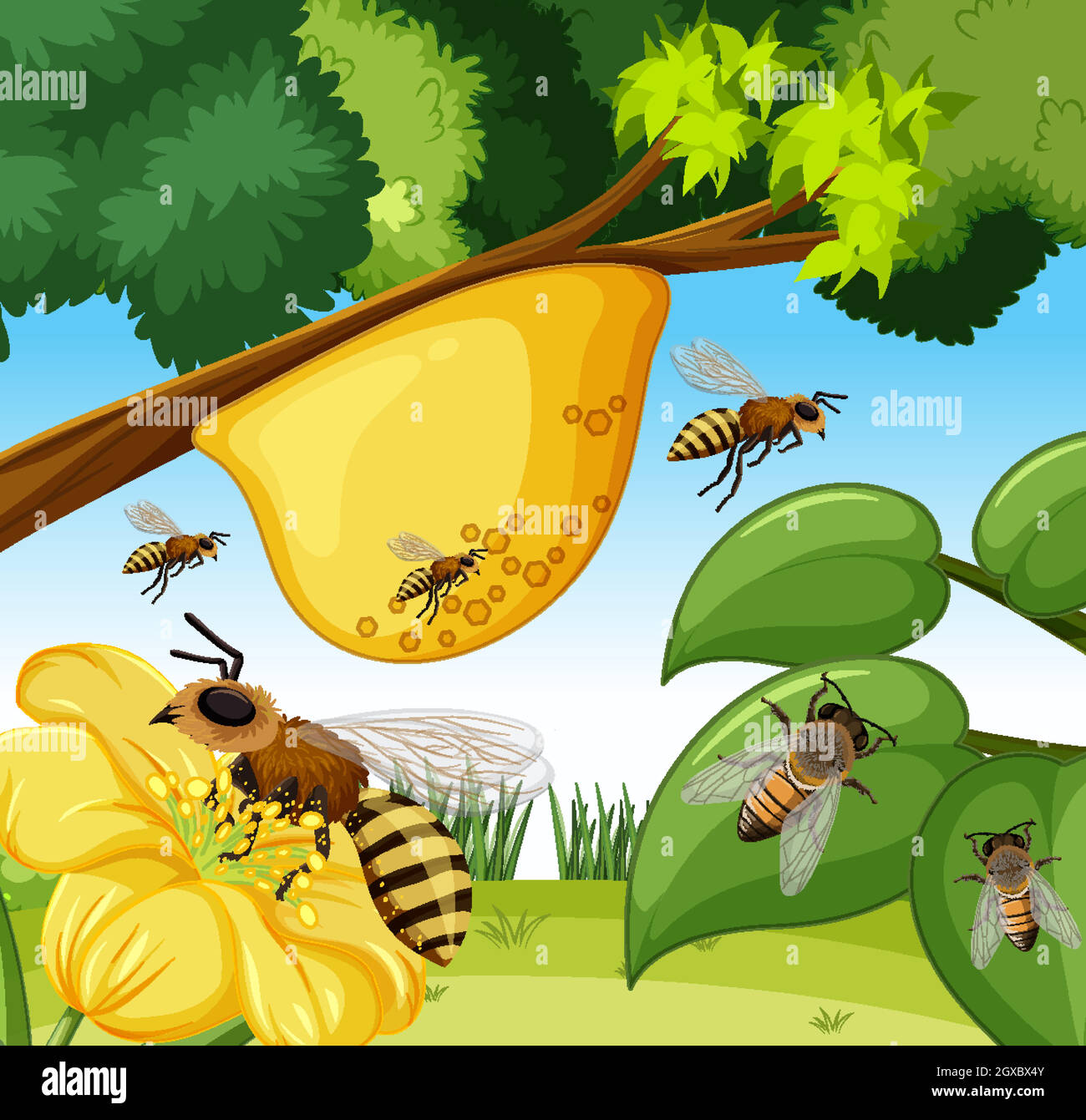 Nahaufnahme mit vielen Bienen und Bienenstock Stock Vektor