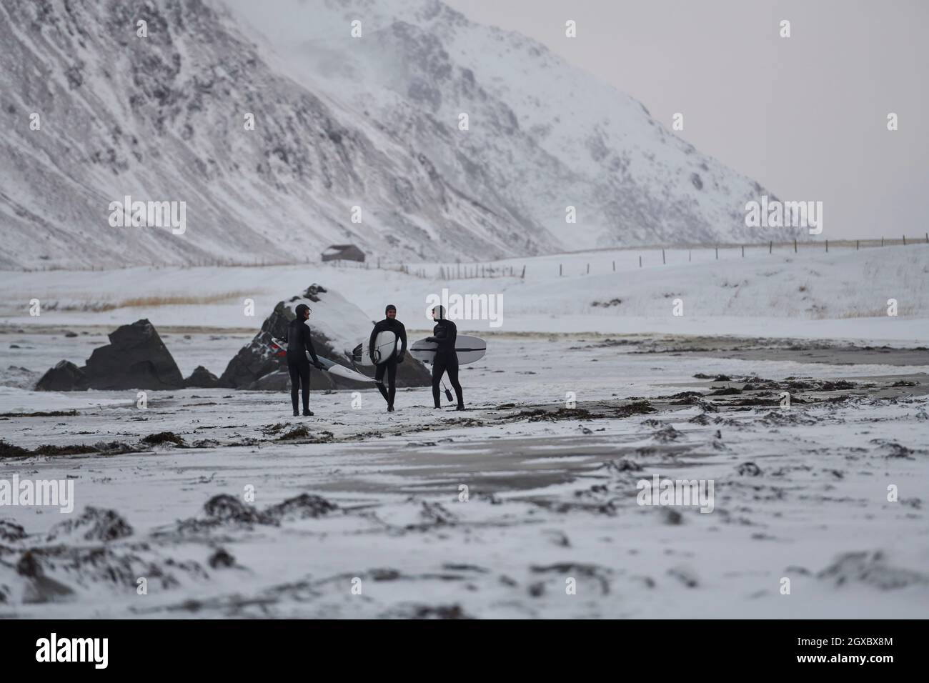 Authentische lokale arktische Surfer, die im Winter am Strand surfen, nachdem sie im norwegischen Meer auf schneebedeckter Bergkulisse gesurft haben. Unstad, norwegisches Dorf o Stockfoto