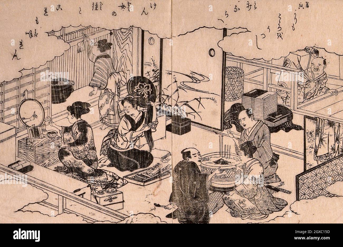 Oben in einem Bordell: Ein Zimmermädchen kämmt ein Haarteil aus, während Gäste das Fingerspiel „ken“ spielen. Holzschnitt, 1808. Stockfoto