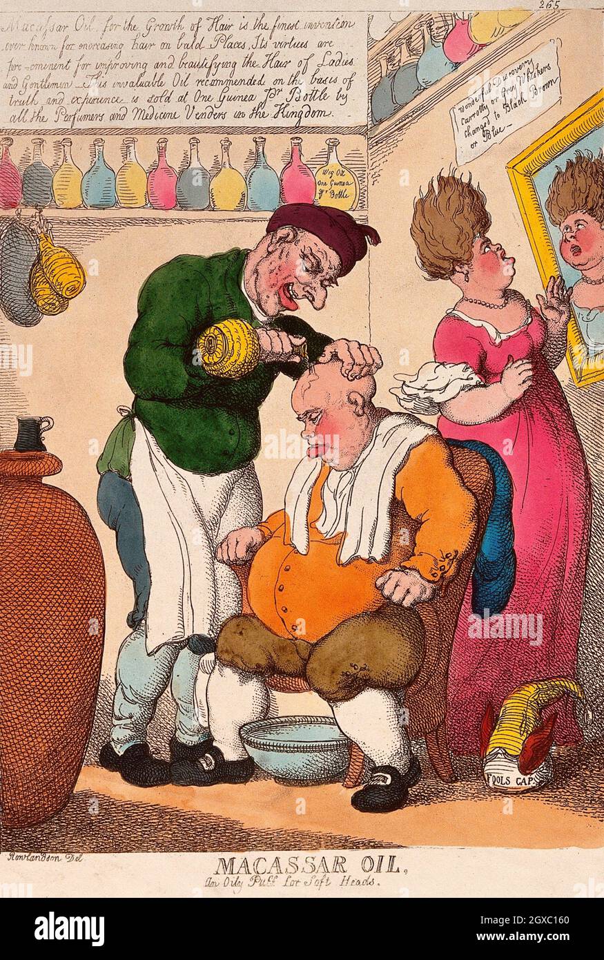 Ein übergewichtiger, kahlköpfiger alter Mann sitzt in einem Sessel, während ein Friseur Makassaröl aus einer Flasche auf seine Kopfhaut gießt. T. Rowlandson, ca. 1814. At Stockfoto