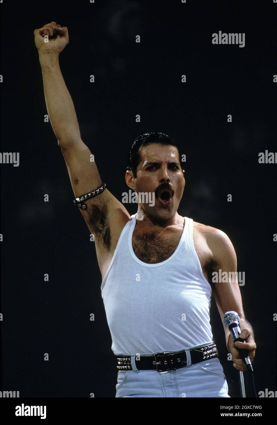 Freddie Mercury von Queen tritt am 13. Juli 1985 beim Live Aid Konzert in London auf Stockfoto