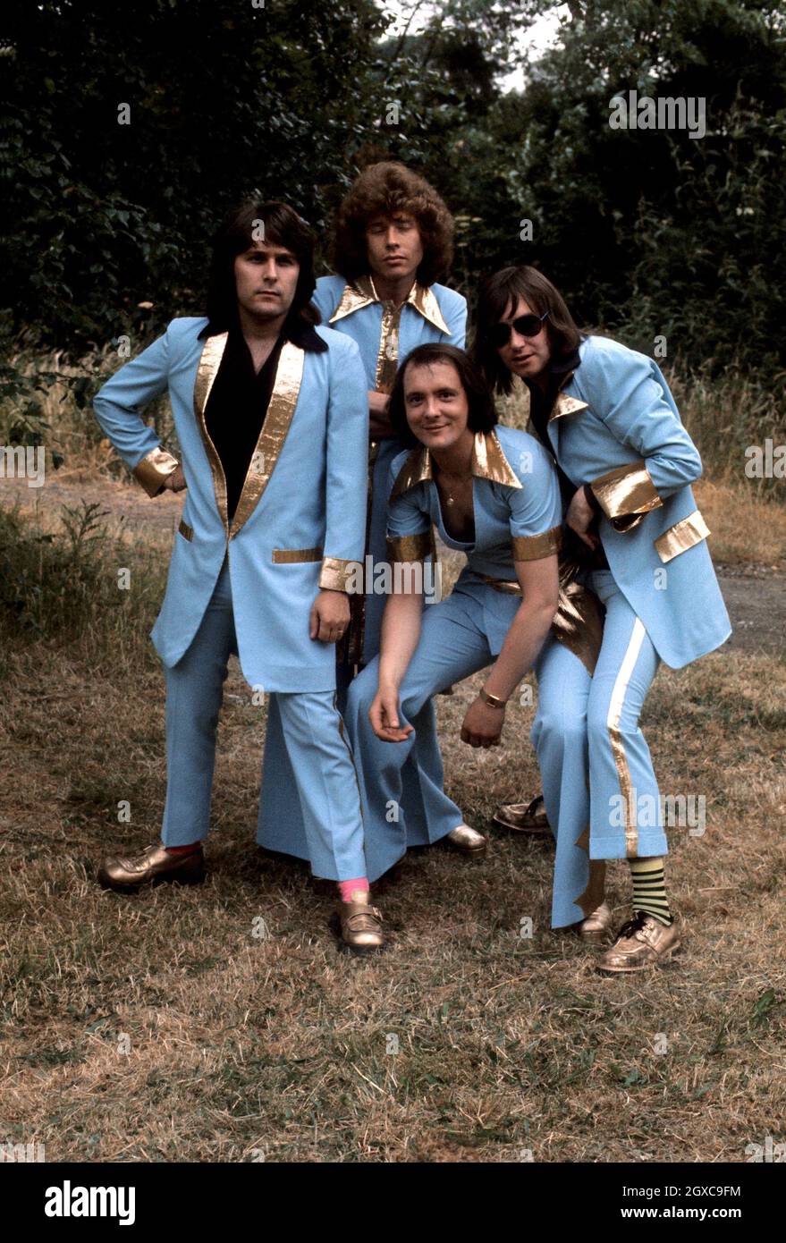 Die Mitglieder der Glam-Rock-Band Mud, Rob Davis, Les Gray, Dave Mount und Ray Stiles. Stockfoto